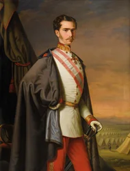 Kejsaren Franz Joseph av Österrike i uniform som fältmarskalk, i bakgrunden ett fältläger